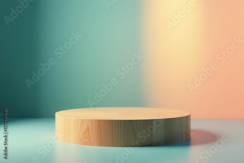 A simple wooden display platform against a teal and peach gradient background
