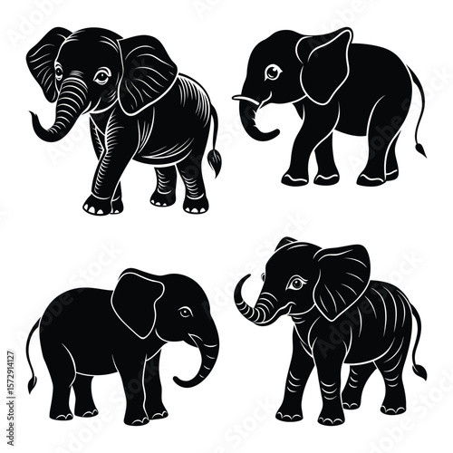 Four black elephants standing baby elephant animal