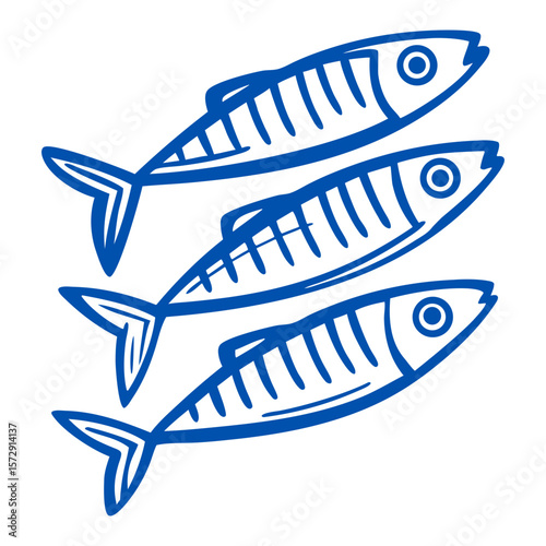Three blue fish swimming together. Simple hand drawn seafood or fishing concept. Vector icon for menu, label, banner, packaging