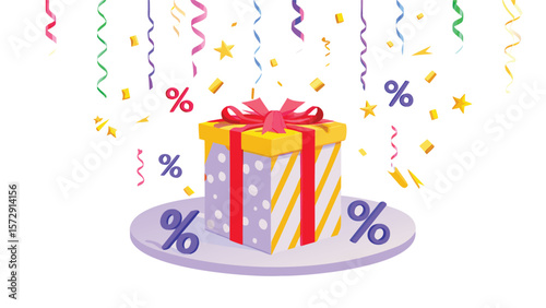 Illustration of a gift box with a red ribbon and percentage signs with confetti and streamers falling