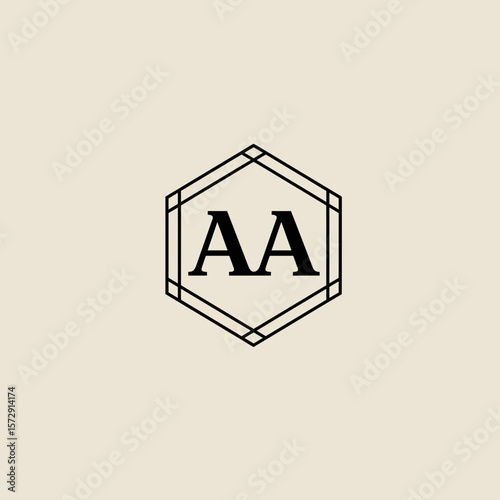 Elegant monogram logo design featuring the letters AA within a geometric hexagon frame, perfect for branding, wedding invitations, or sophisticated stationery projects.
