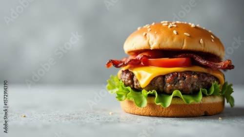 Appetizing bacon cheeseburger with lettuce and tomato on a sesame seed bun, a delectable fast food classic