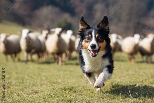 Border Collie Herding Sheep in Pasture - Energetic and Focused Action Scene.