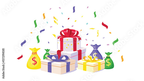 Illustration of stacked gifts and money bags with confetti falling in a festive celebration scene