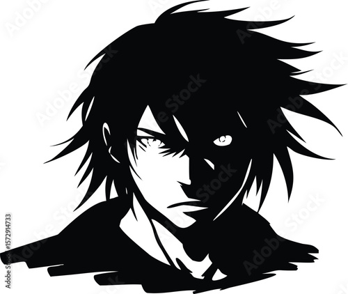 Dark Anime Male Character Silhouette – Manga Style Vector Portrait Illustration


