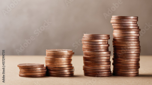 Stacks of Copper Coins on a Neutral Background Symbolizing Wealth Accumulation and Financial Growth