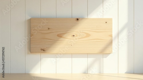 Sunlit Wooden Plank Against White Paneling, Ideal for Rustic Product Display or Minimalist Design Presentation