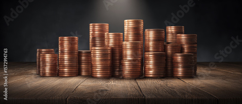 Stacks Of Copper Coins Representing Wealth And Financial Abundance In A Dark Environment