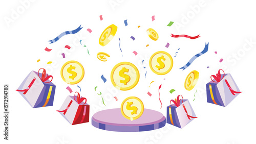 Illustration of a podium with coins, gifts, and confetti, symbolizing celebration and rewards event