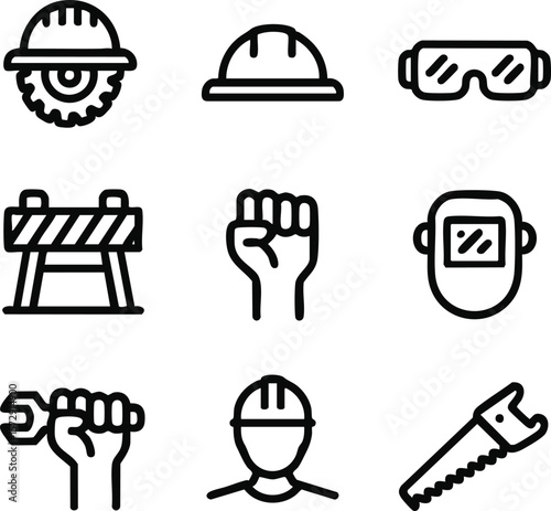 A collection of diverse vector icons: construction, food, restaurant, music, travel, and business symbols for web design illustration