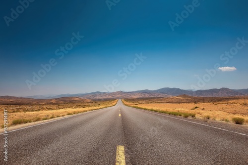 Endless Desert Highway with Clear Blue Sky and Distant Mountains.