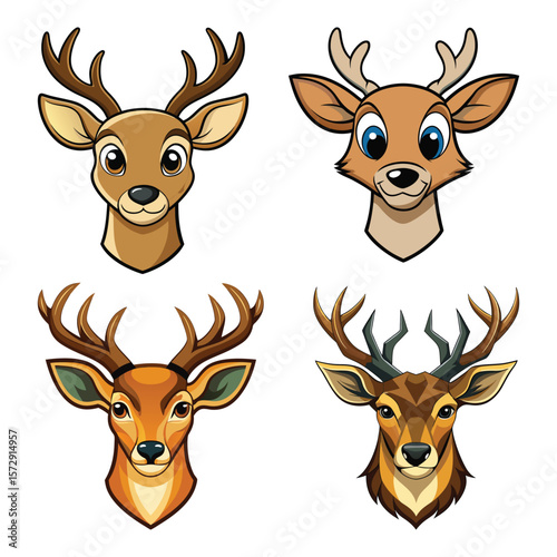 Four Cartoon Deer Heads fawn stag