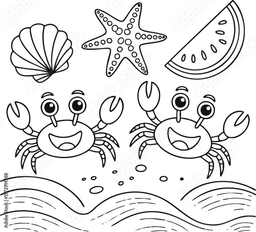 Sea Animals and Shells Vector Illustration Set