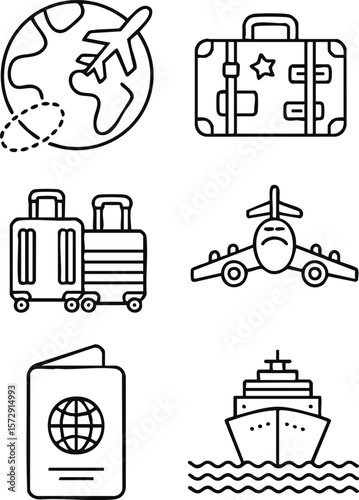 Travel Icons Airplane, Suitcase, Passport, Cruise Ship, Global Travel Illustration