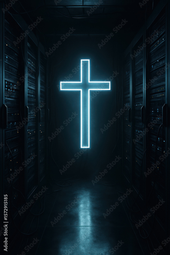 Naklejka premium High-tech hallway with radiant Christian crossSpiritual light in a dark digital environment