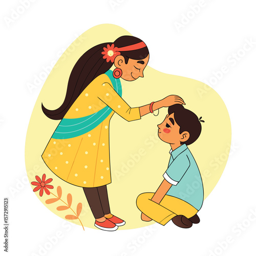 Affectionate illustration of a woman blessing a boy with hand on head and love expressed