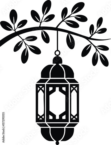 Elegant Silhouette of a Hanging Lantern with Leafy Branch
