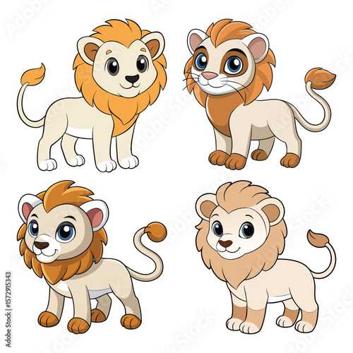 Four cartoon lions with orange manes animal