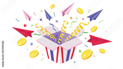 An open box with paper planes, coins and confetti floating around it, isolated on a white background
