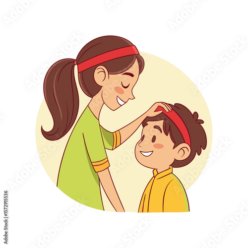 Mother or sister putting hand on child's head in cartoon illustration of love and care
