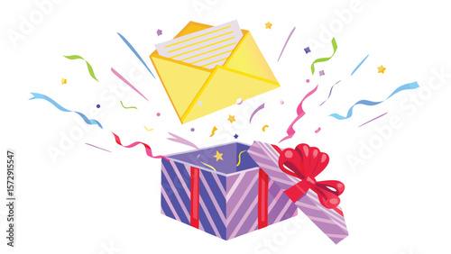 An opened gift box with a red bow and an envelope with confetti floating around on a white background