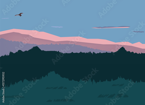 Vector landscape, sunset scene in nature with forest, silhouettes of trees and hills in the evening