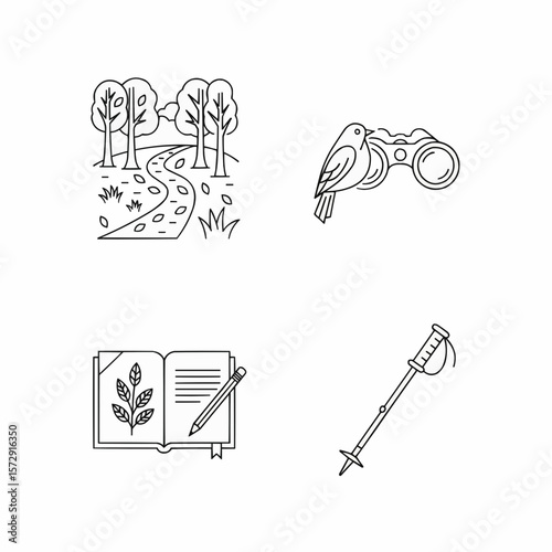 Outline Icons Depicting Nature, Birdwatching, Journaling, and Outdoor Exploration Equipment