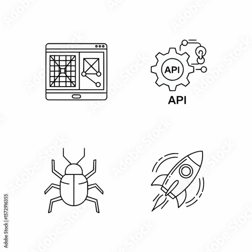 Set of Technology Line Icons Representing API, Debugging, and Launch Concepts