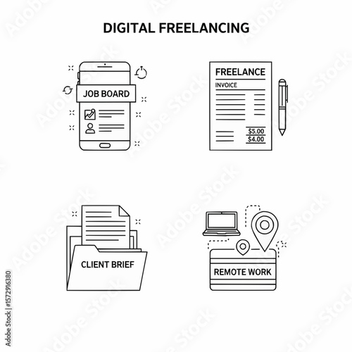 Digital Freelancing Icons Depicting Job Board, Client Brief, and Remote Work