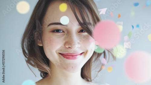 Serene young woman with closed eyes and gentle smile is surrounded by falling pastel confetti, creating dreamy and celebratory atmosphere