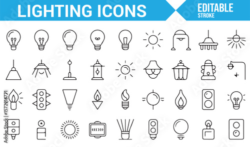 Lighting and Illumination Icons for Street Lights, Lamps, and Light Fixtures