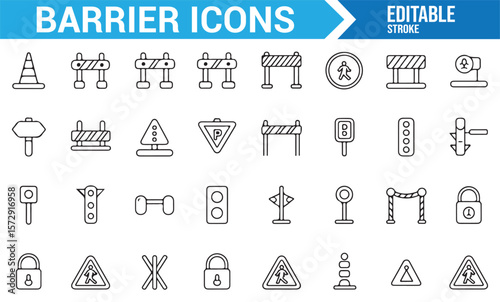 Set of Roadblock and Traffic Safety Symbols for Construction Zones