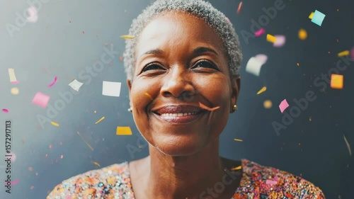 Dreamy mature African American woman surrounded by colorful confetti