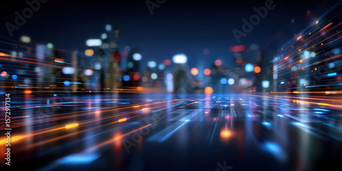 Digital data streams flow across futuristic cityscape night with vibrant blue and orange light trails creating dynamic