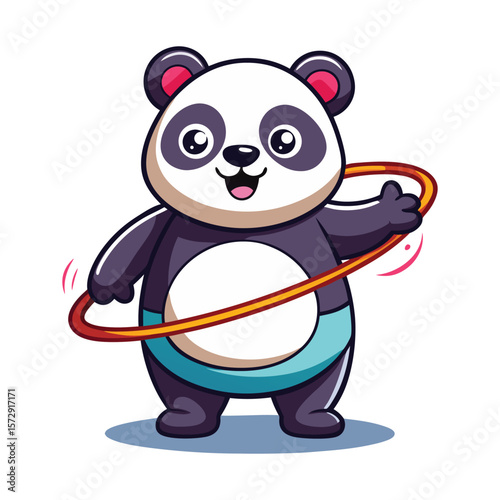 Cute Panda Cartoon Vector Trying to Hula Hoop with Hoop Stuck on Arm, Funny Animal Illustration for Kids, Playful Wildlife Clipart Design