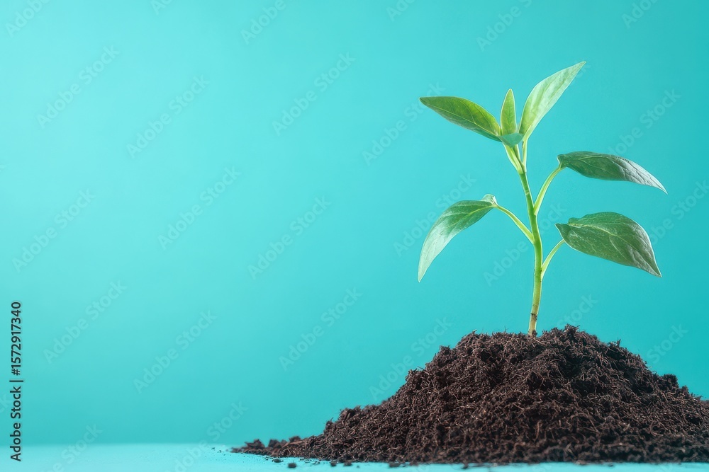 custom made wallpaper toronto digitalHealthy young plant thriving in dark soil against a vibrant blue background, Young plant grows in soil against blue background
