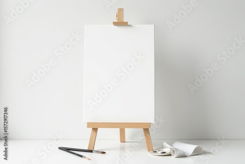 Blank Canvas on Easel Ready for Artistic Expression with Paint and Brushes