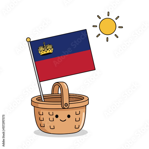 Simple cartoon of a small picnic basket with a Liechtenstein flag stuck in it, white background, symbol of Liechtenstein National Day. AI generated images.