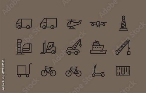 Collection of simple outline icons representing various modes of transportation and logistics on a muted background