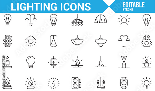 Set of Lighting and Lamp Icons for Brightness, Illumination, and Energy Design