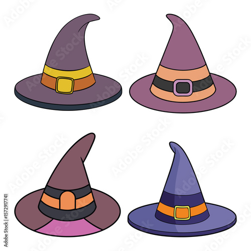 Four witch hats with colorful bands Halloween purple hats
