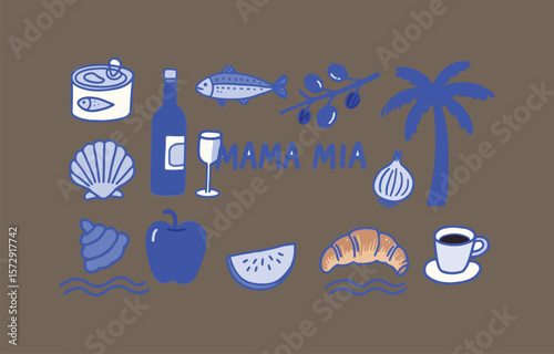Whimsical hand drawn collection of italian food and coastal elements featuring mama mia text