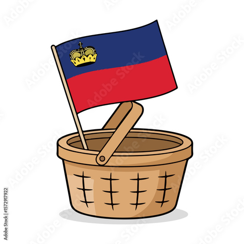 Simple cartoon of a small picnic basket with a Liechtenstein flag stuck in it, white background, symbol of Liechtenstein National Day. AI generated images.