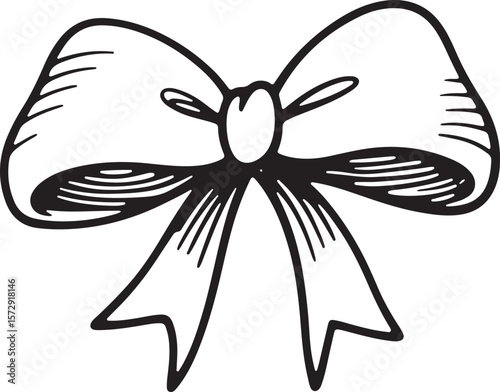 Hand drawn black bow tie illustration with a simple elegant design and decorative ribbon tails on white background