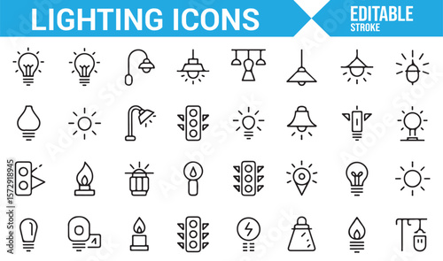 Set of Icons for Lighting, Street Lamps, Light Fixtures, and Light Bulbs