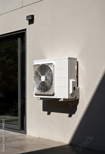 Heat pump mounted on smooth concrete house wall, showcasing efficient modern design and minimalistic aesthetic under strong sunlight