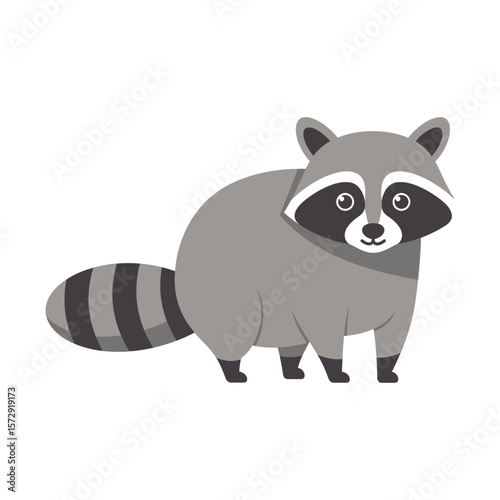 A charming cartoon illustration of a raccoon, standing with its iconic mask and striped tail, set against a plain white background