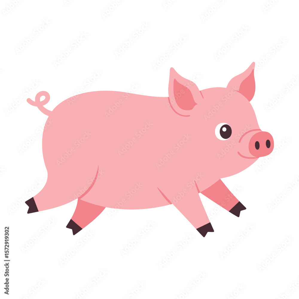 Fototapeta premium A delightful cartoon illustration of a pink piglet running happily, its cheerful expression and short legs adding to its charm against a simple white backdrop