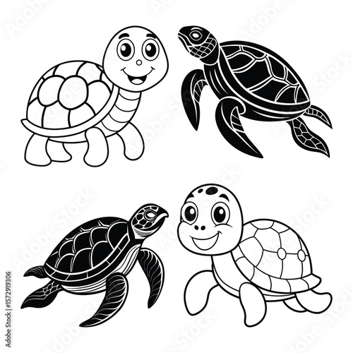 Happy and stylized sea turtles marine life ocean creatures