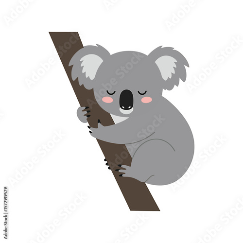 A charming grey koala bear peacefully sleeps while clinging to a tree branch, its cartoonish features exuding cuteness